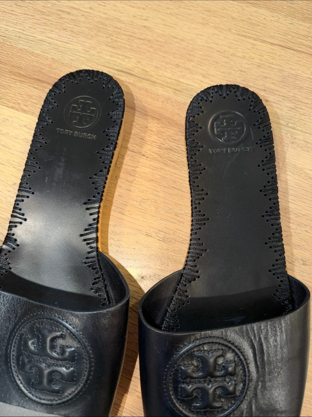 Tory Burch Black Leather Slide with Natural Wood-Look Sole
